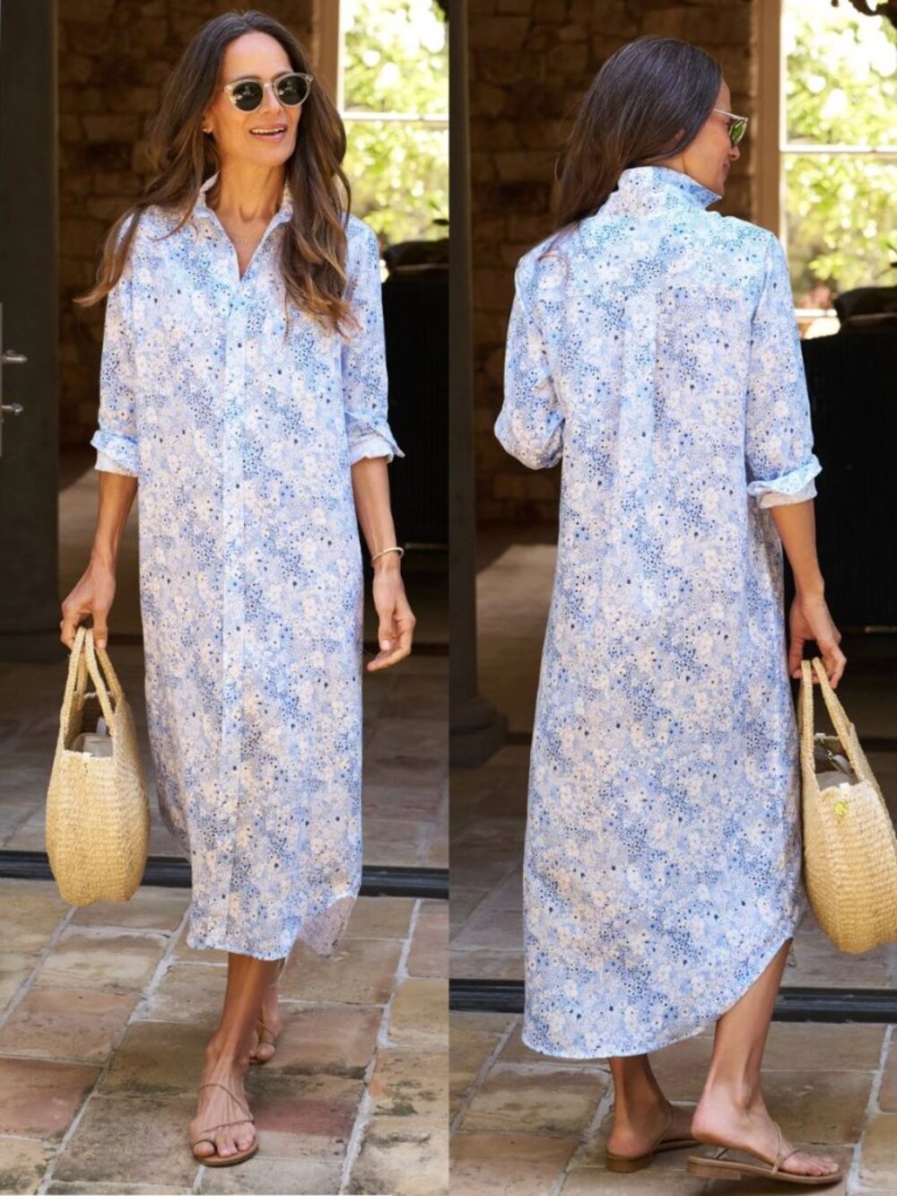 Frank & Eileen Rory Dress Blue Floral Italian Linen Maxi Shirtdress Size‎ S